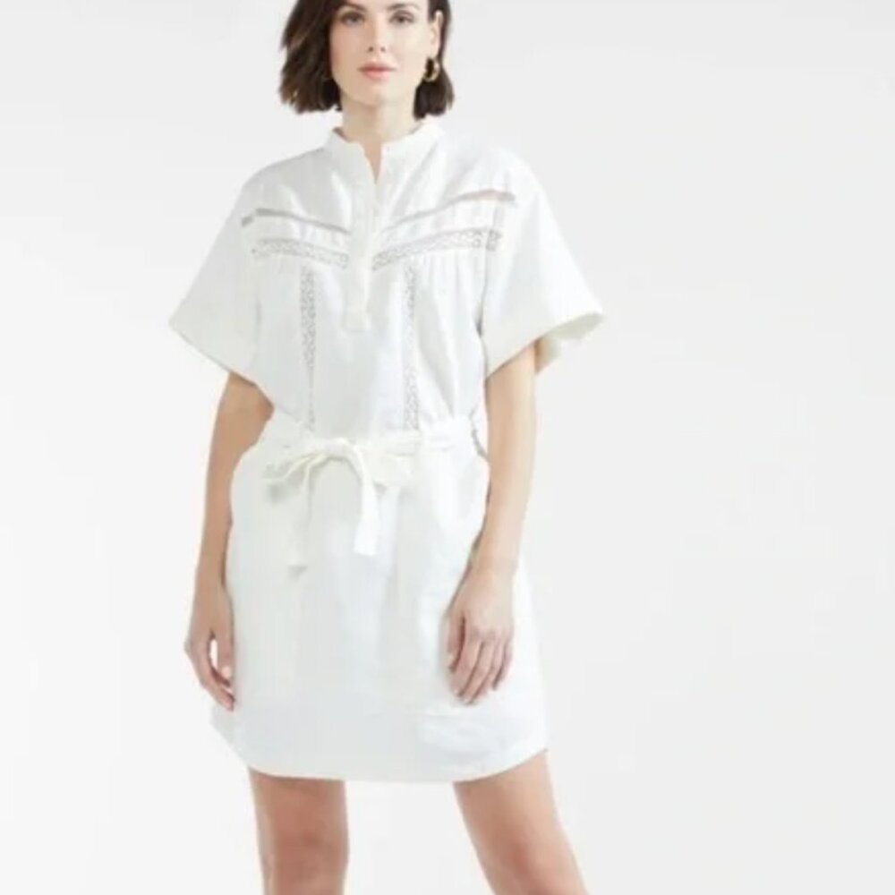 NWT Outerknown Linen Organic Cotton Belted Shirt Dress Lace Detail Ivory S - Picture 2 of 9